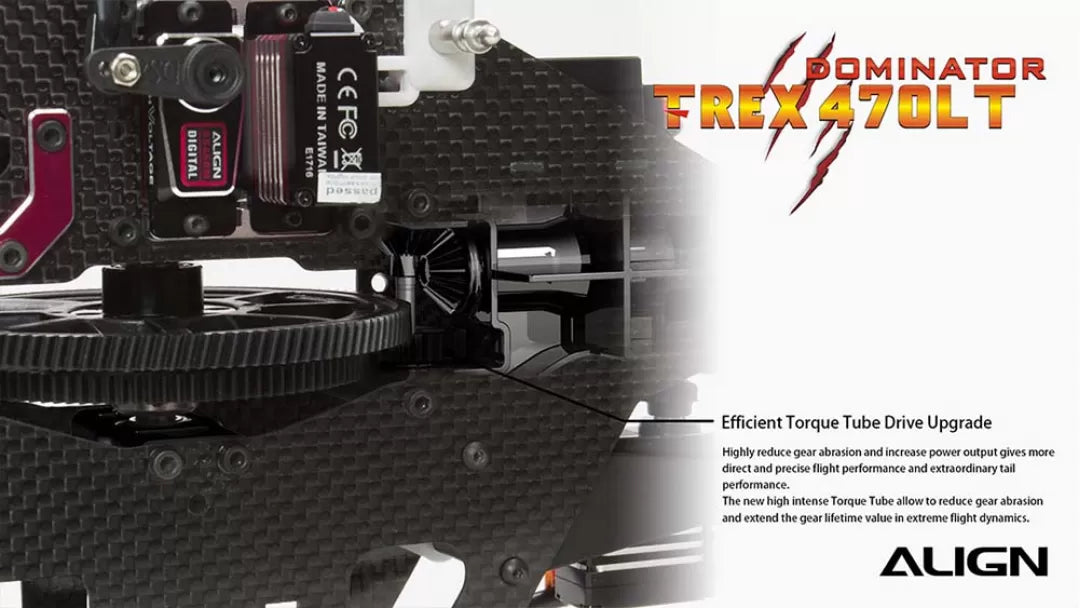 Align T-REX 470 Series RC Helicopter, The Dominator IA TREX 470 Series RC Helicopter improves flight performance with an Efficient Torque Tube Drive Upgrade.