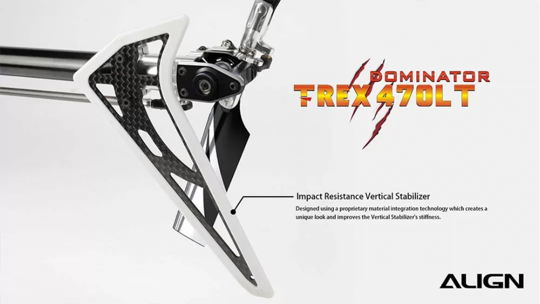 Align T-REX 470 Series RC Helicopter, The Dominator T-REX 470 Series RC Helicopter has a unique vertical stabilizer design for impact resistance.