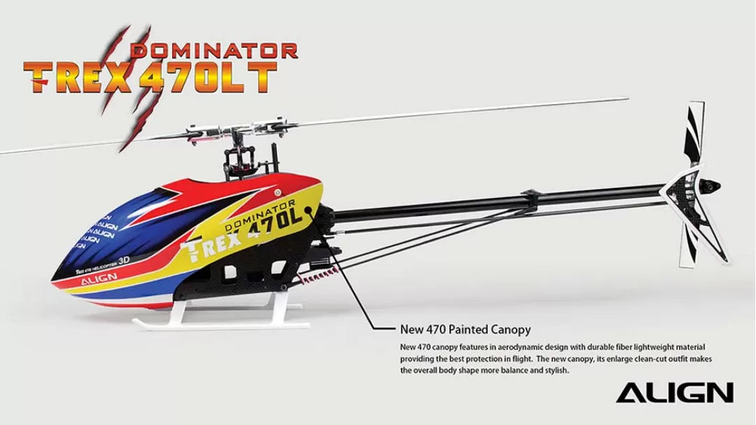 The Align T-Rex 470 Series RC Helicopter features a new canopy with an aerodynamic design for optimal protection.
