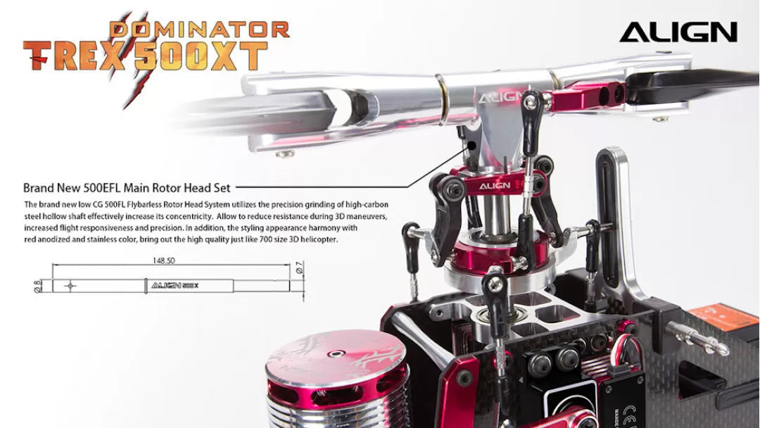 The Align T-REX 500X RC Helicopter features a new main rotor head with advanced flybarless system for improved stability and maneuverability.