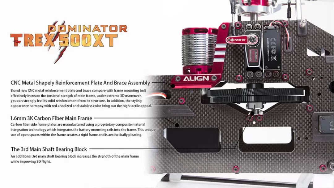 Introducing the Align T-REX 500X RC Helicopter Super/Top Combo with improved torsional strength and a 1.6mm 3K carbon fiber main blade plate.