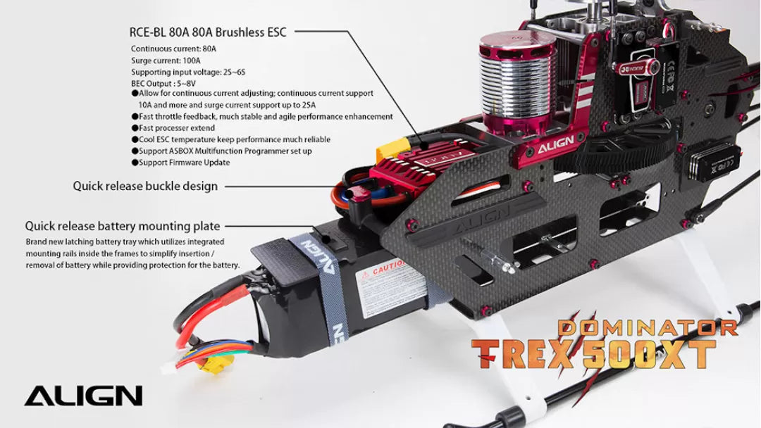 The Align T-REX 500X RC Helicopter features a brushless ESC with high current capabilities and various mounting options.