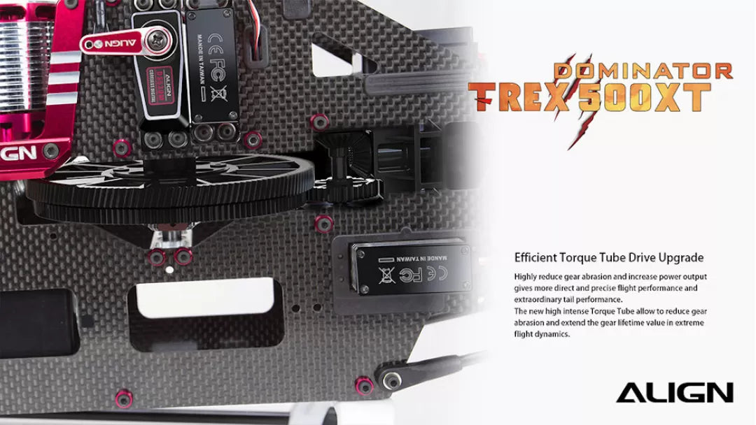 Align T-REX 500X RC Helicopter, Non-Interference Efficient Torque Tube Drive Upgrade reduces gear abrasion and increases power output for improved flight performance.