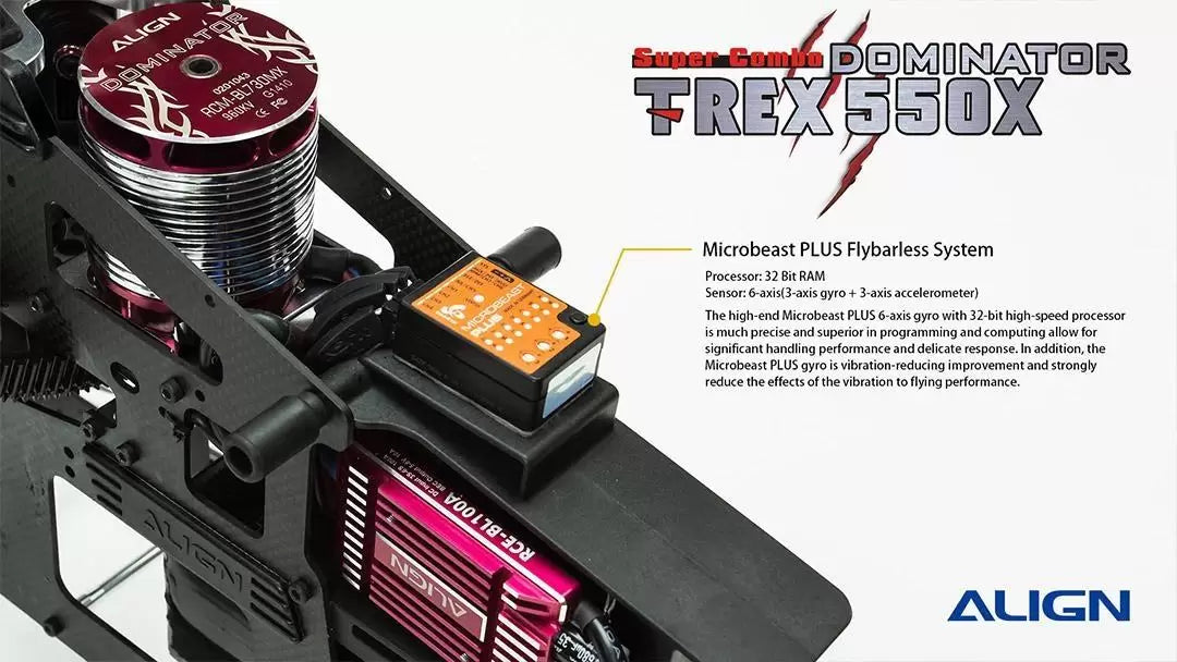 Align T-REX 550X RC Helicopter, Align T-REX 550X features Microbeast PLUS flybarless system with 32-bit processor, 6-axis gyro, and accelerometer for precise programming and handling.