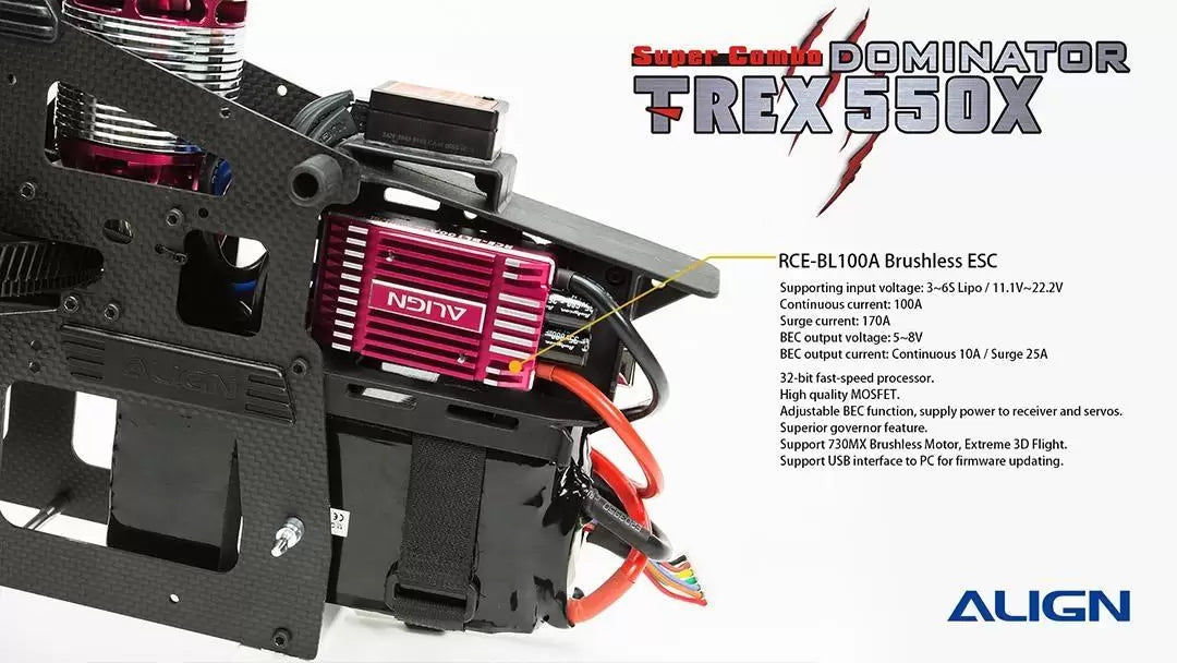 The Align T-REX 550X RC Helicopter Super Combo features a brushless ESC with input voltage range of 3-65V.