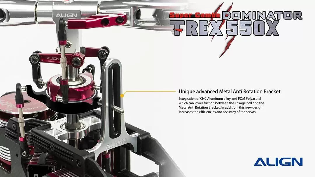 Align T-REX 550X RC Helicopter features advanced metal anti-rotation bracket integration for improved efficiency and accuracy.