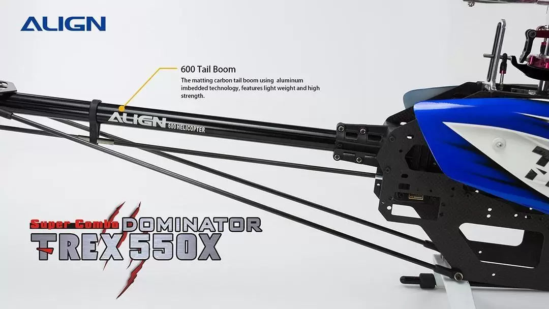The Align T-REX 550X RC Helicopter features a lightweight and strong design with a carbon tail boom and aluminum imbedded technology.