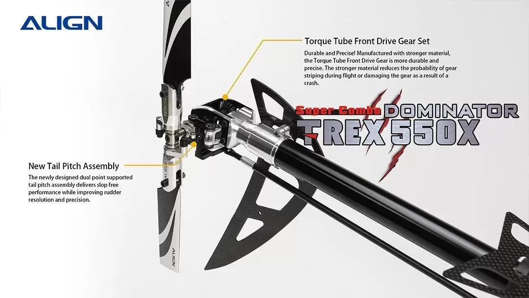 The Align T-REX 550X RC Helicopter features a durable design with a Torque Tube Front Drive Gear and improved Tail Pitch Assembly for precise flight.