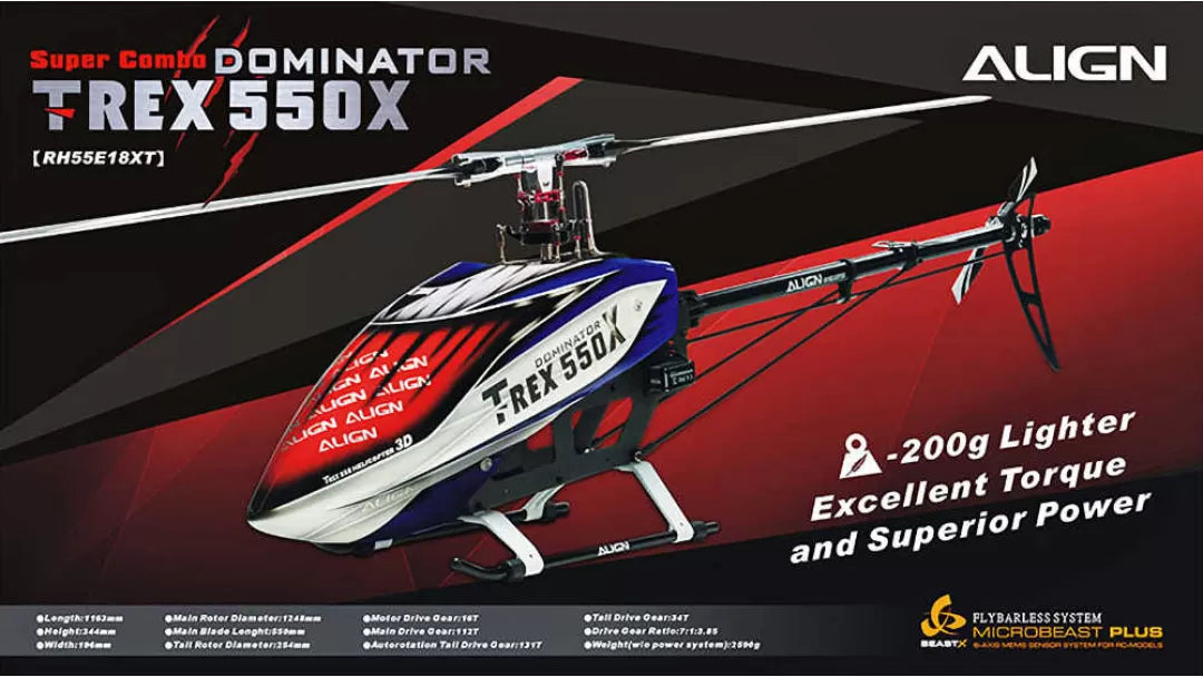 The Align T-REX 550X RC Helicopter has a Flybarless system, excellent power, and superior torque, weighing only 2200g.