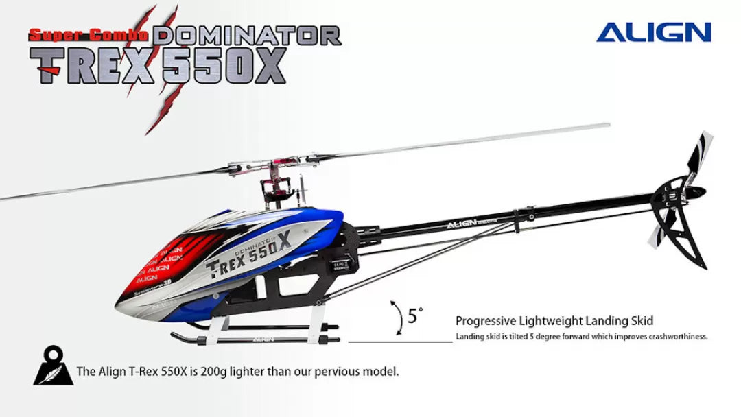 Align T-REX 550X RC Helicopter, T-REX 550X RC Helicopter has a lightweight landing skid for improved crashworthiness, weighing 200g less than its previous model.