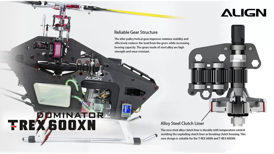 Align T-REX 600XN Dominator RC Nitro Helicopter, The Align T-Rex 600XN Dominator features a reliable gear structure with helical gears for stable rotation and reduced load.