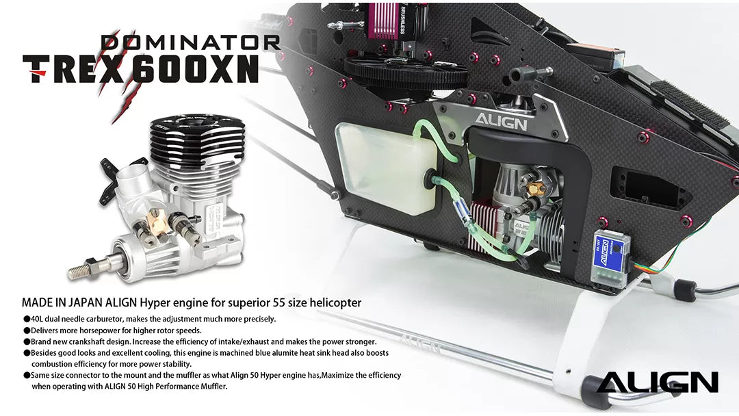 The Align T-REX 600XN Dominator RC Nitro Helicopter features a Japanese Hyper engine with precise adjustments and increased horsepower.
