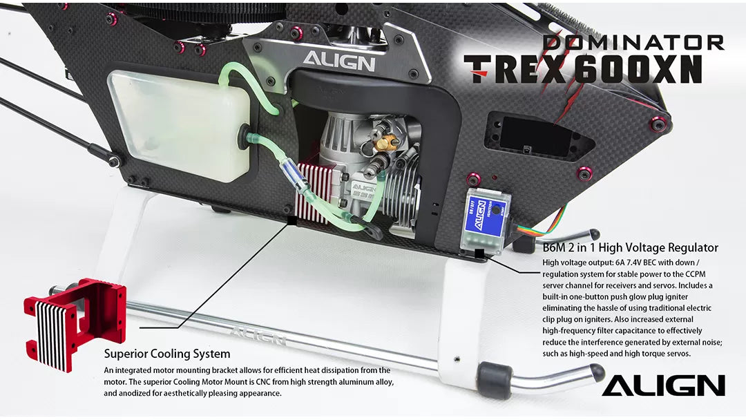 Align T-REX 600XN Dominator RC Nitro Helicopter Super Combo features high voltage regulator and BEC for CCPM servos, glow plug igniter, and cooling system.