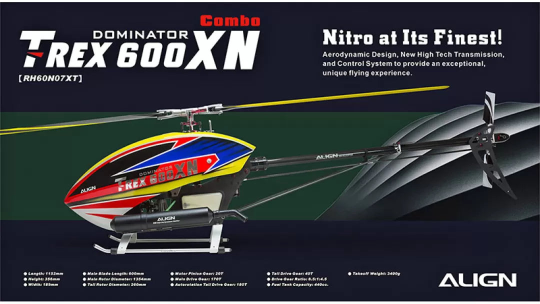 Align T-REX 600XN Dominator RC Nitro Helicopter Super Combo features aerodynamic design and high-tech transmission for exceptional flying.