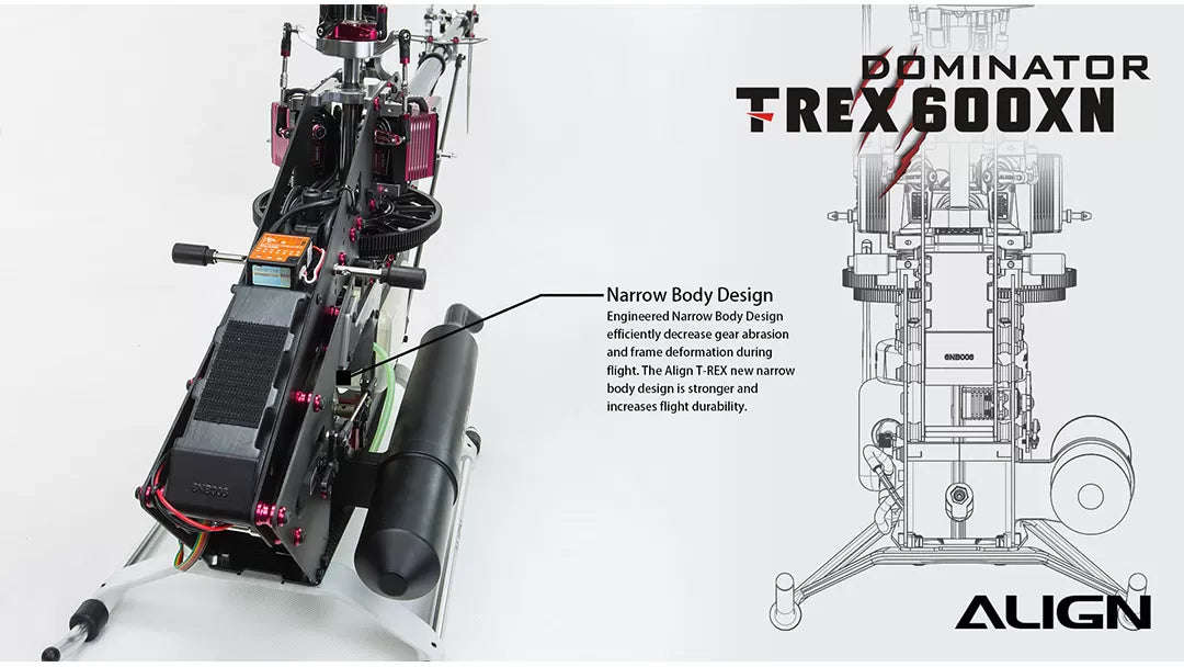 The Align T-REX 600XN Dominator RC Nitro Helicopter Super Combo has a narrow body reducing gear abrasion and frame deformation.