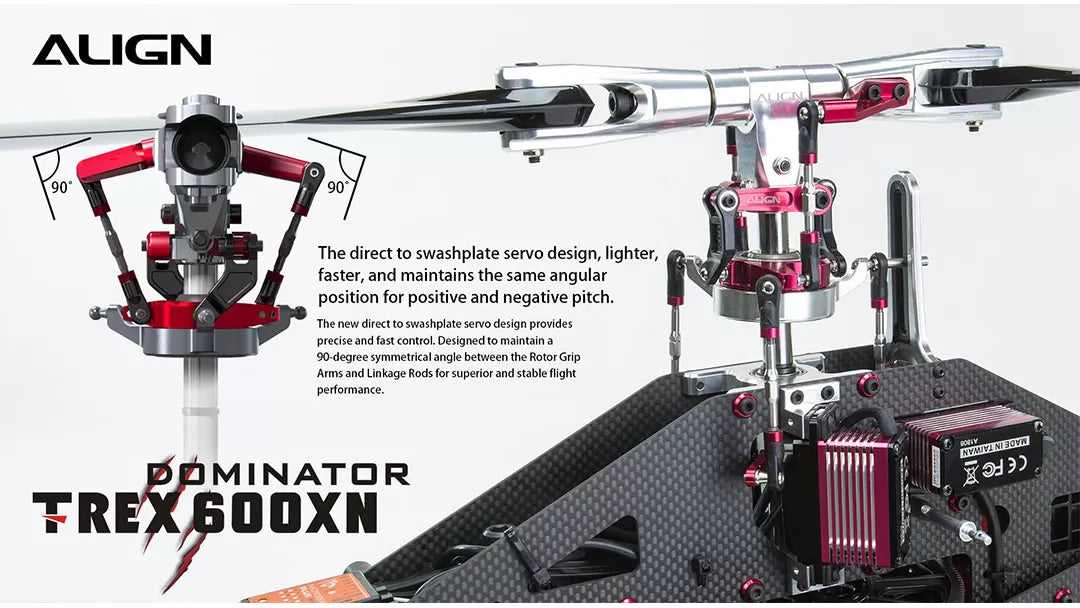The Align T-REX 600XN Dominator RC Nitro Helicopter Super Combo features precise control with a direct-to-swashplate servo design.