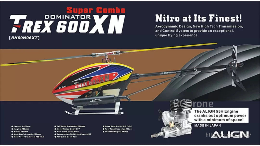 The Align T-REX 600XN Dominator RC Nitro Helicopter Super Combo features an aerodynamic design and powerful engine.