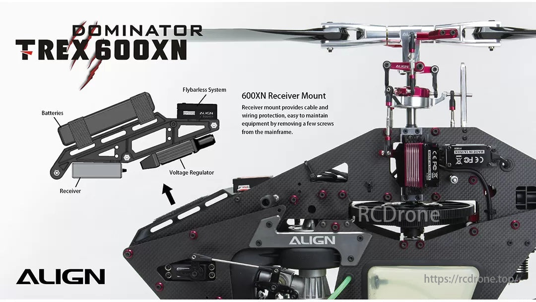 The Align T-REX 600XN Dominator RC Nitro Helicopter Super Combo features easy maintenance with a receiver mount and protected wiring.