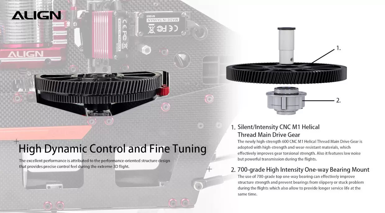 Align T-REX 650X Electronic RC Helicopter, The Align T-REX 650X features a high-strength CNC helical thread main drive gear for improved performance.