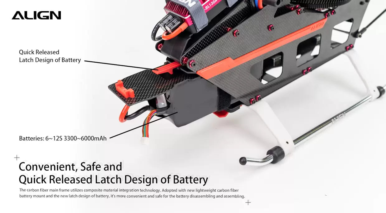 Align T-REX 650X Electronic RC Helicopter, Convenient quick release latch design for batteries, suitable for 6-12S and 3300-6000mAh capacities.