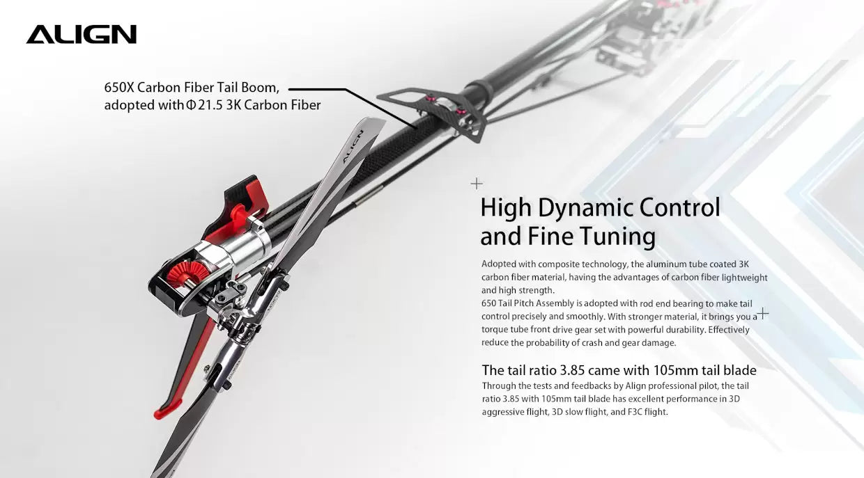 The Align T-REX 650X Electronic RC Helicopter features a carbon fiber tail boom and lightweight aluminum tube for high strength and precision.
