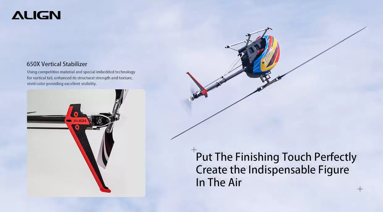 The Align T-REX 650X Electronic RC Helicopter has a strong and textured design due to its unique vertical stabilizer.