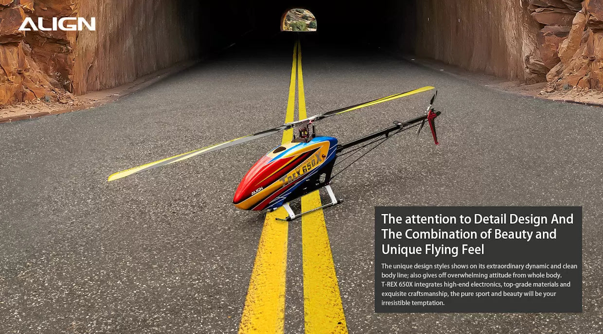 Align T-REX 650X Electronic RC Helicopter, Unique design combines beauty with thrilling flying feel, featuring an extraordinary dynamic and clean bodyline.