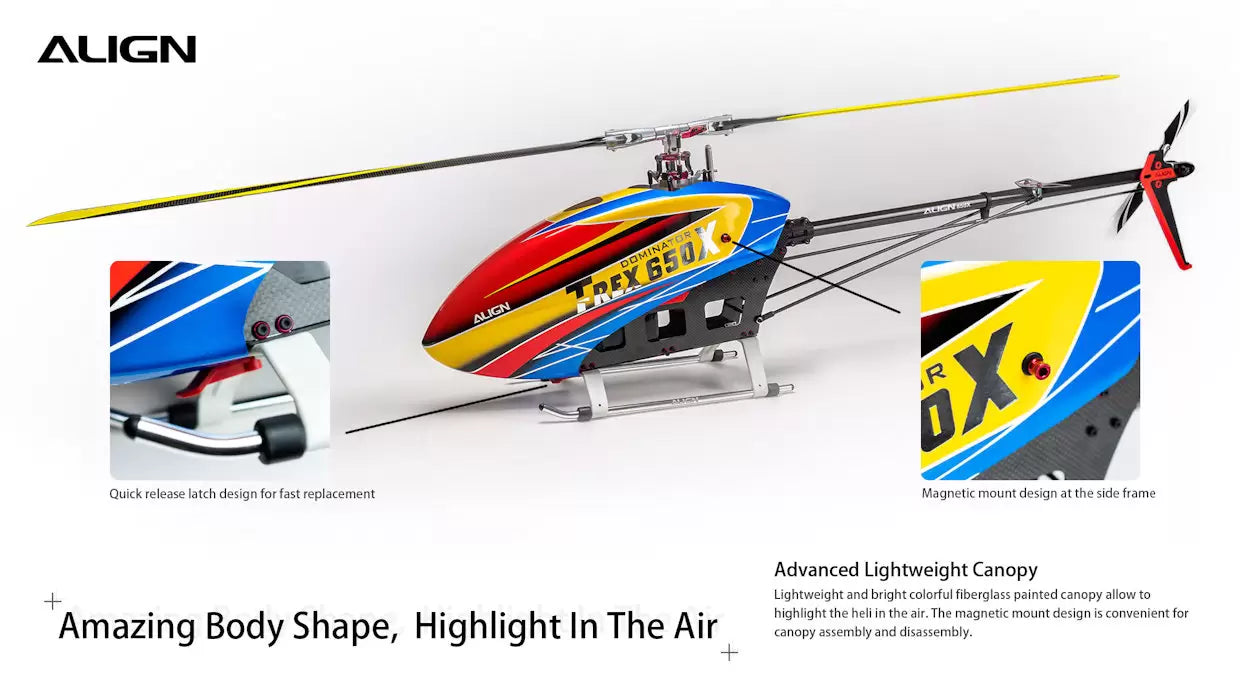 Align T-REX 650X Electronic RC Helicopter, The Align T-REX 650X features quick-release latch, magnetic mount, and lightweight canopy with colorful fiberglass paint for fast replacement.