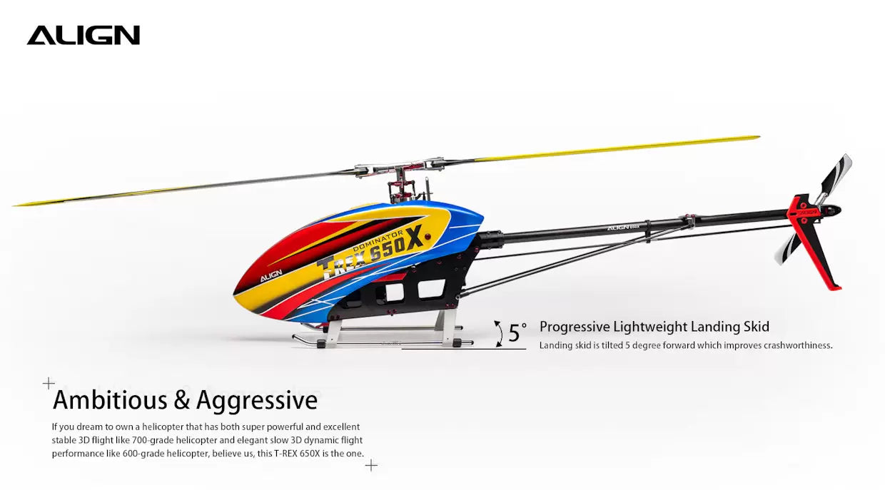 The Align T-REX 650X Electronic RC Helicopter features progressive landing skid with tilting design improving crashworthiness for ambitious pilots.