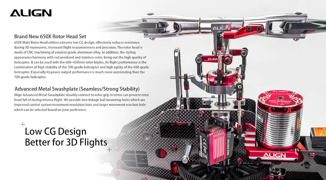 Align T-REX 650X Electronic RC Helicopter, The Align T-REX 650X features a low CG design for precise maneuvers, with a CNC-machined aluminum head and high-stability blades.