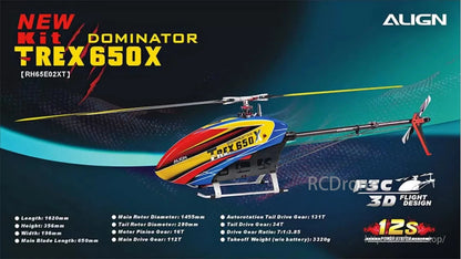 The Align T-REX 650X Electronic RC Helicopter Kit features a length of 1620mm, autorotation tail drive, and other specifications.