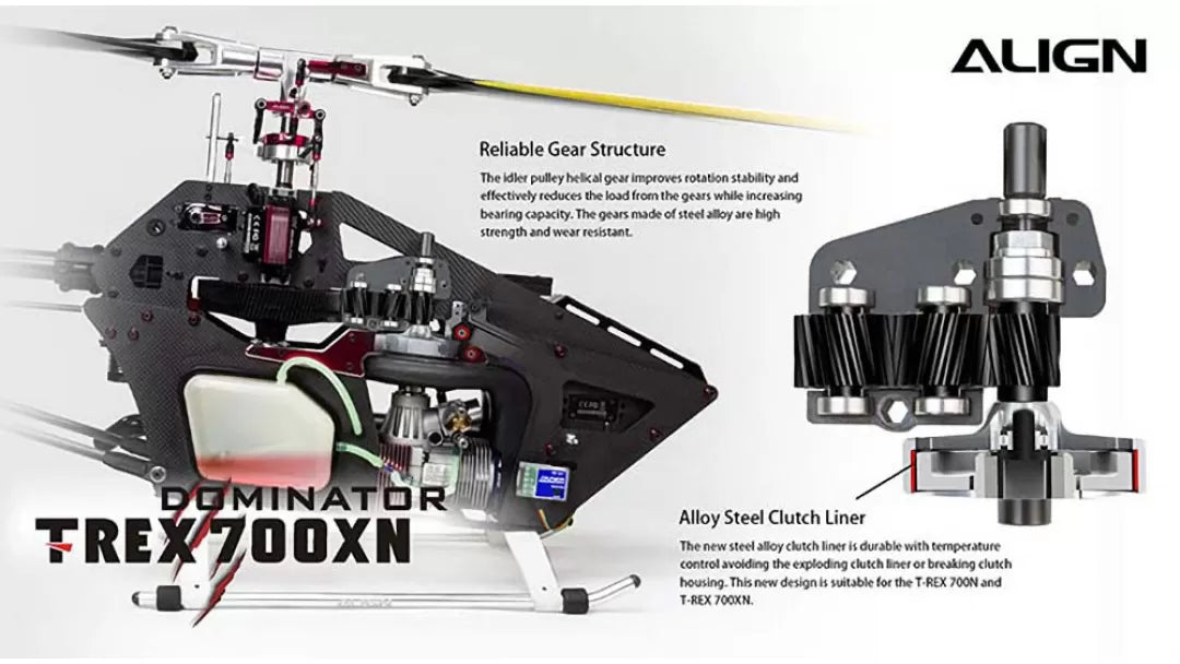 The Align T-REX 700XN Dominator Oil RC Helicopter Kit features a reliable gear structure and robust design.