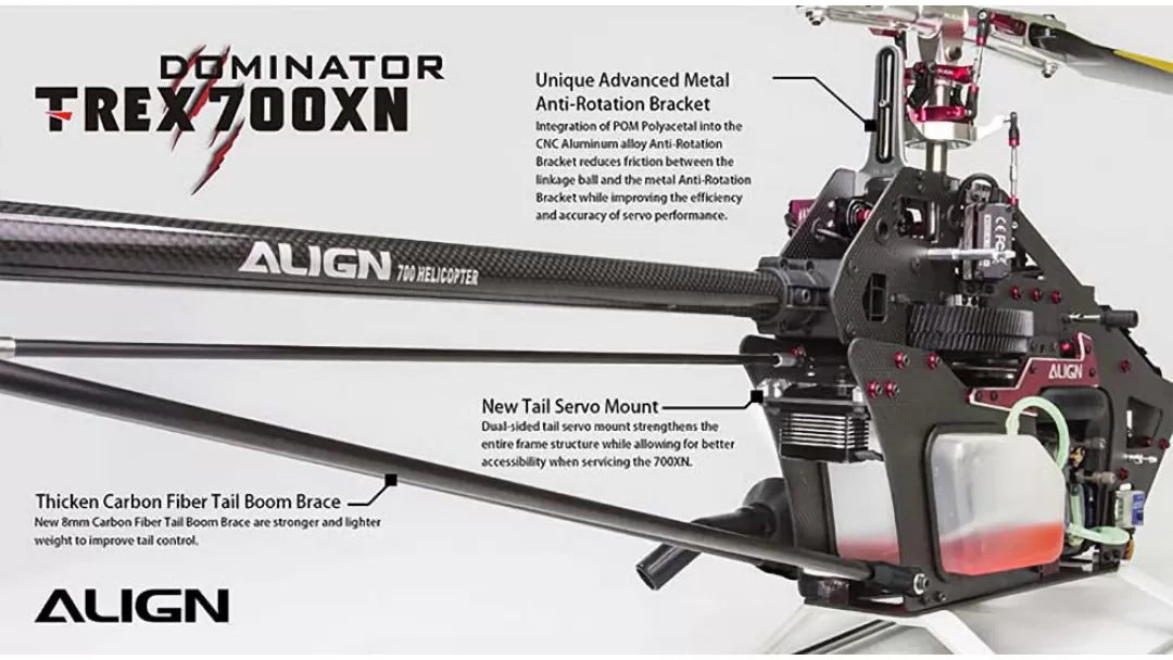 The Align T-REX 700XN Dominator Oil RC Helicopter Kit features advanced metal and polycarbonate components in a CNC aluminum body.