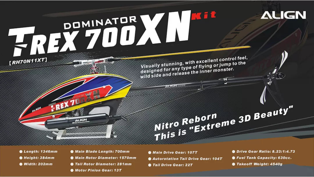 The Align T-REX 700XN Dominator Oil RC Helicopter Kit features excellent control and visually stunning design.