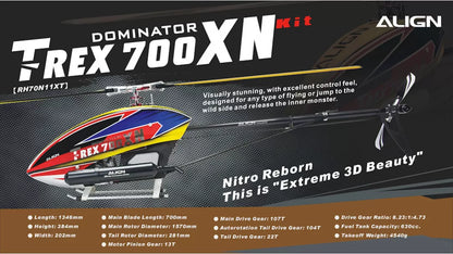The Align T-REX 700XN Dominator Oil RC Helicopter Kit features excellent control and visually stunning design.
