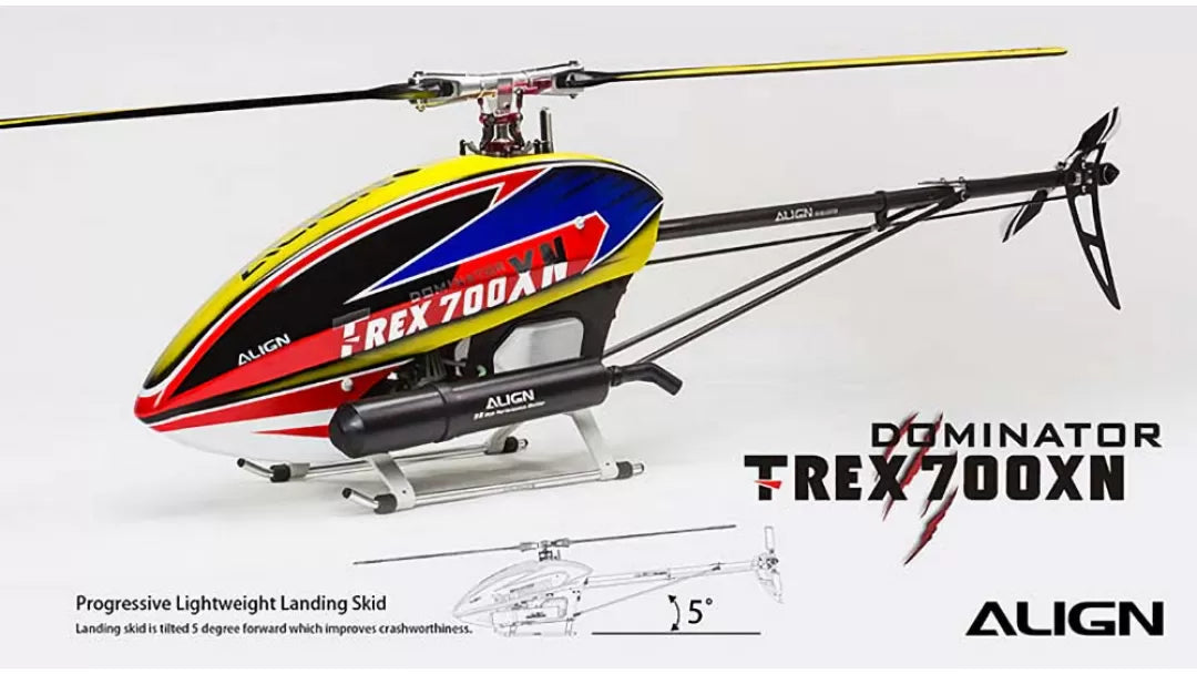 The Align T-REX 700XN Dominator Oil RC Helicopter Kit features a progressive lightweight landing skid for improved scale-like flying and realistic landings.