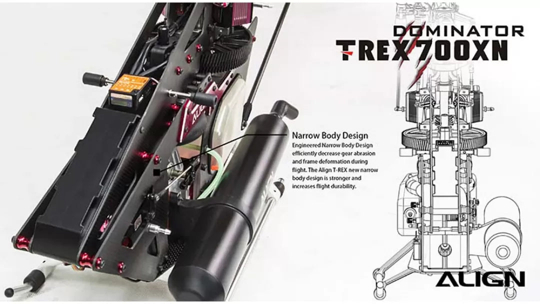 The Align T-REX 700XN Dominator Oil RC Helicopter Kit has a narrow body, durable design, and strong flapping motion.