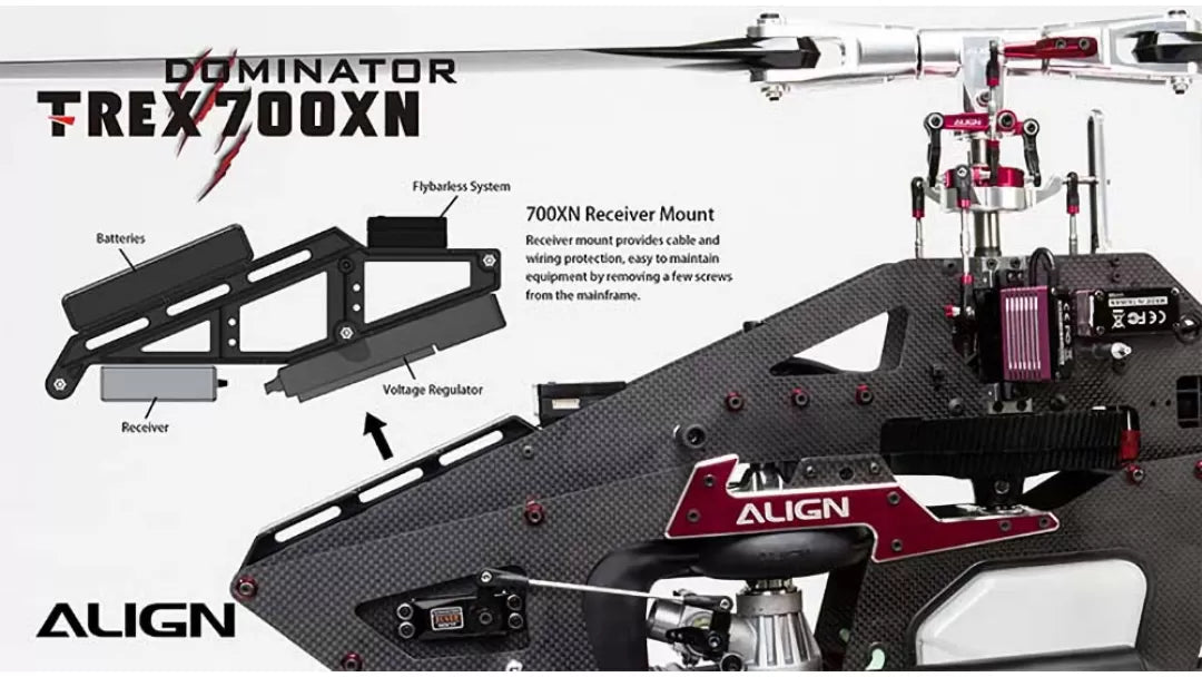 Align T-REX 700XN Dominator Oil RC Helicopter Kit with receiver mount and instructions