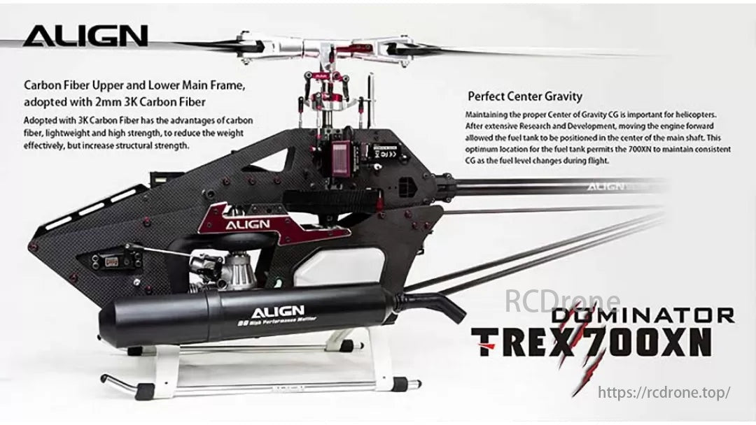 The Align T-REX 700XN Dominator Oil RC Helicopter Kit features a carbon fiber frame for smooth flight.