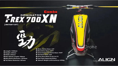 Align T-REX 700XN Dominator Oil RC Helicopter, RC Helicopter Kit features a 700XN frame, drone motor, and various specifications for main drive oils, gear ratio, and rotor diameters.