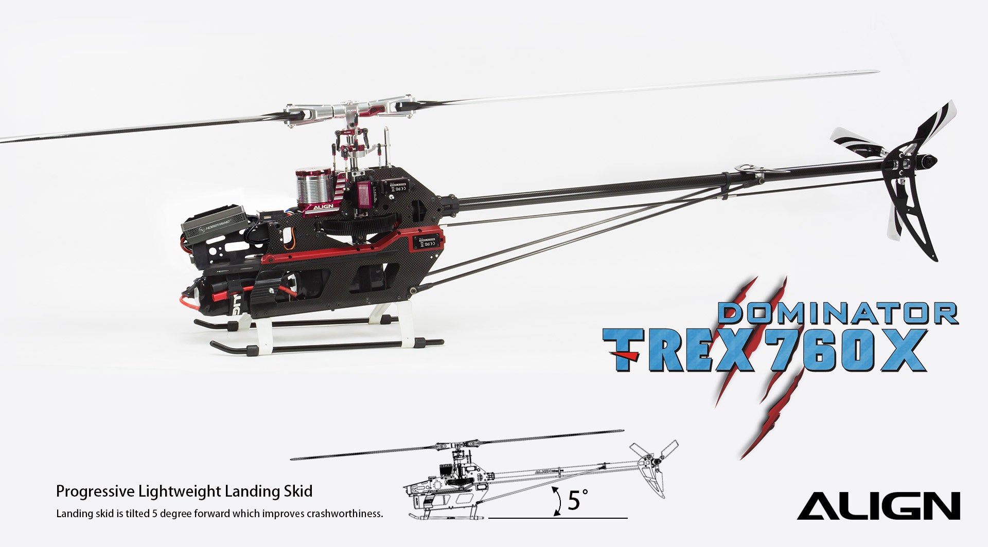 Align T-REX 760X Top Combo RC Helicopter, T-REX 760X RC Helicopter features a lightweight landing skid for improved crashworthiness.