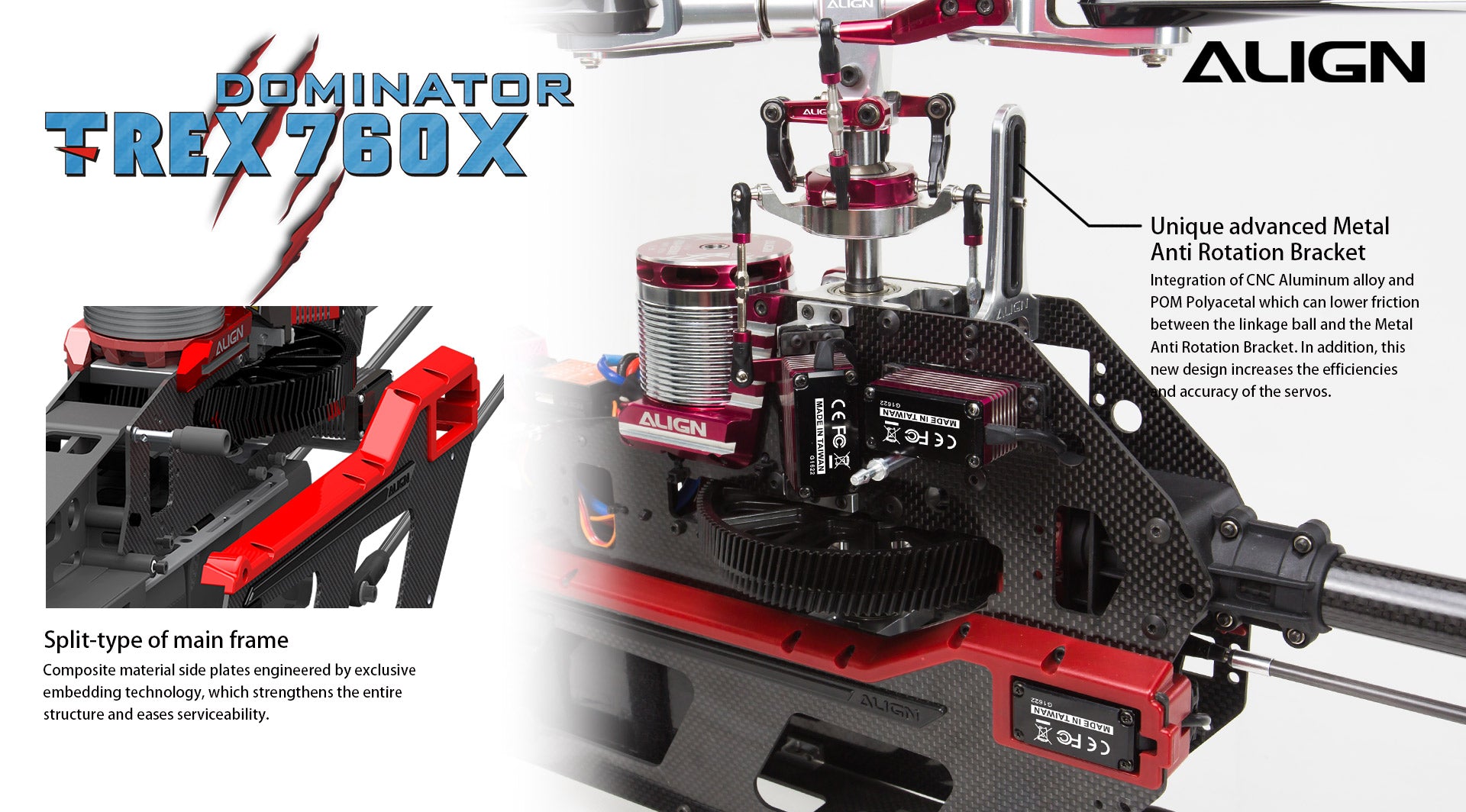 Align T-REX 760X Top Combo RC Helicopter, T-REX 760X Top Combo RC Helicopter features advanced metal anti-rotation bracket integration for reduced friction and increased servo efficiency.