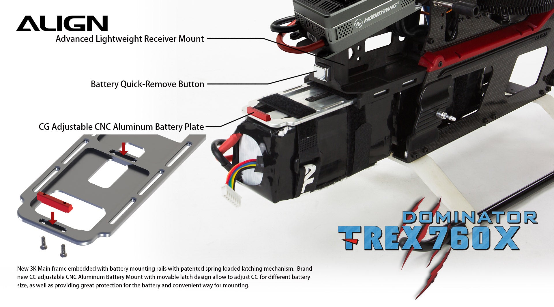 Align T-REX 760X Top Combo RC Helicopter, The ALIGN Advanced Lightweight Receiver Mount has a quick-remove button and adjustable battery plate with a patented latching mechanism.