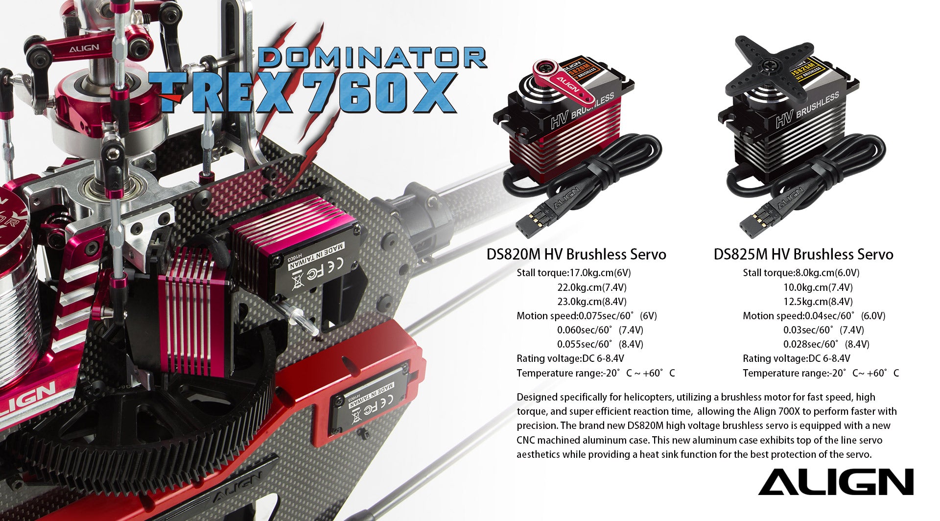 The Align T-Rex 760X Top Combo RC Helicopter features a brushless motor, fast speed, and efficient reaction time.