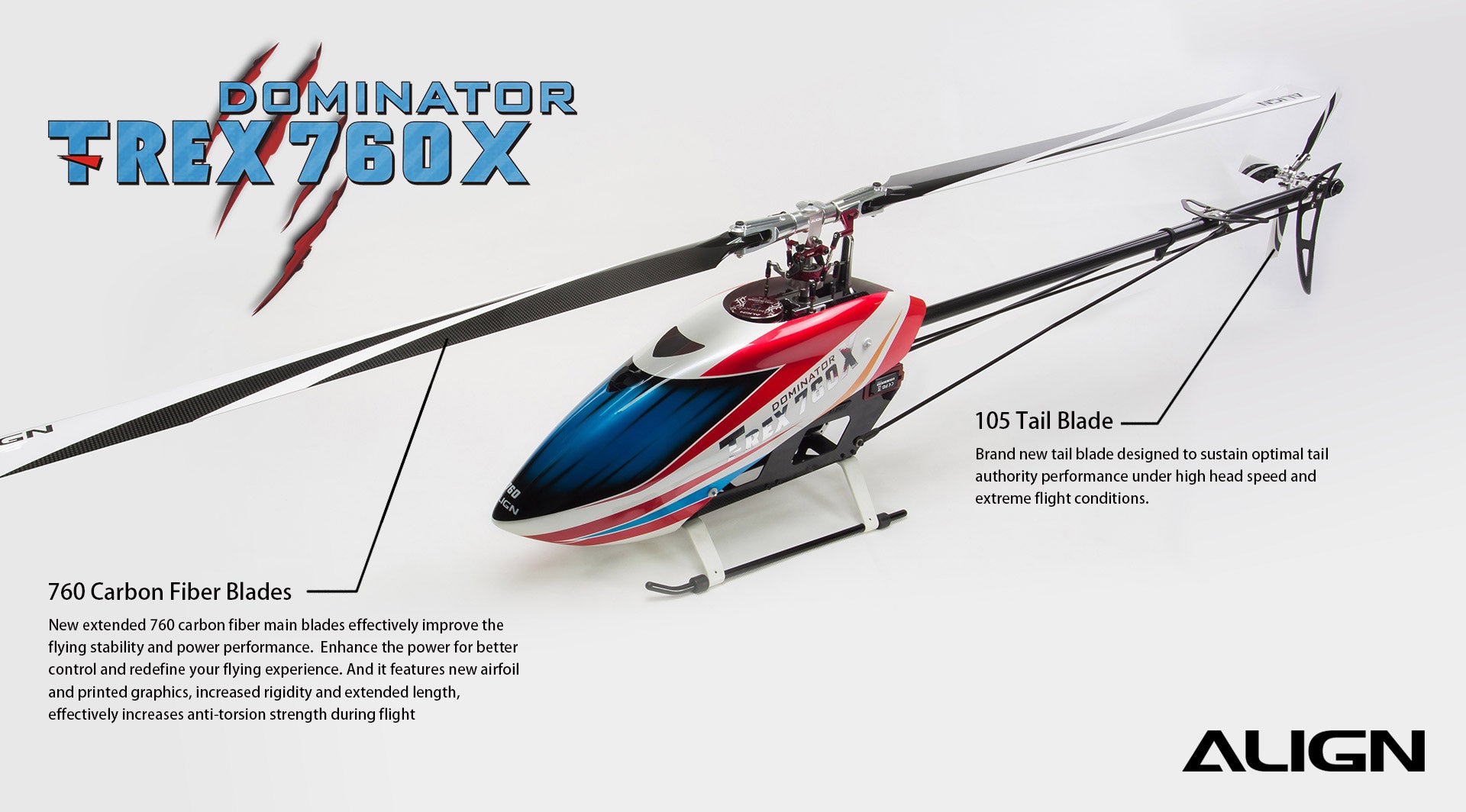 The Align T-REX 760X Top Combo RC Helicopter features improved performance, stability, and control with its new tail blade and carbon fiber main blades.