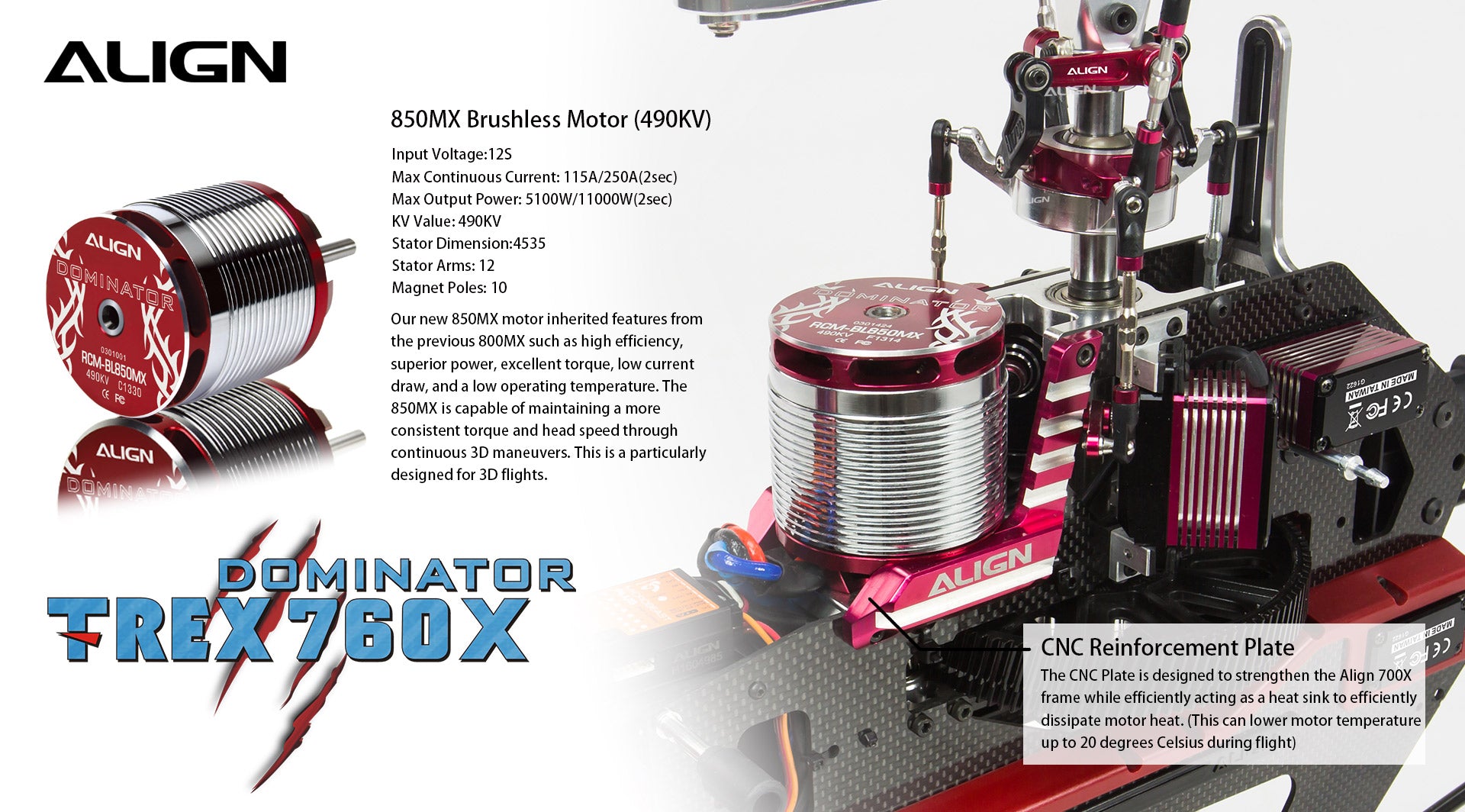 The Align T-REX 760X Top Combo RC Helicopter features a high-efficiency brushless motor with consistent torque and head speed.