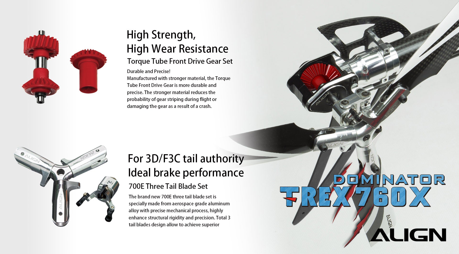 Align T-REX 760X Top Combo RC Helicopter, A durable torque tube front drive gear set is precisely manufactured with stronger material for reduced gear damage or stripping.