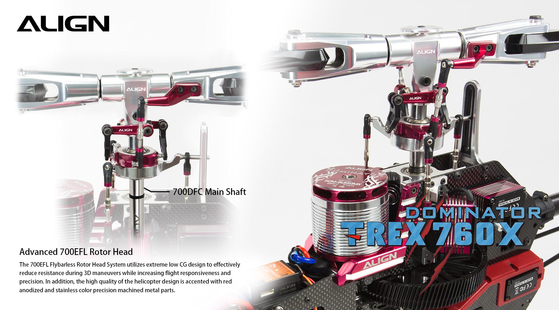 Align T-REX 760X Top Combo RC Helicopter, The Align T-REX 760X features advanced flybarless design for reduced resistance and increased responsiveness during 3D maneuvers.