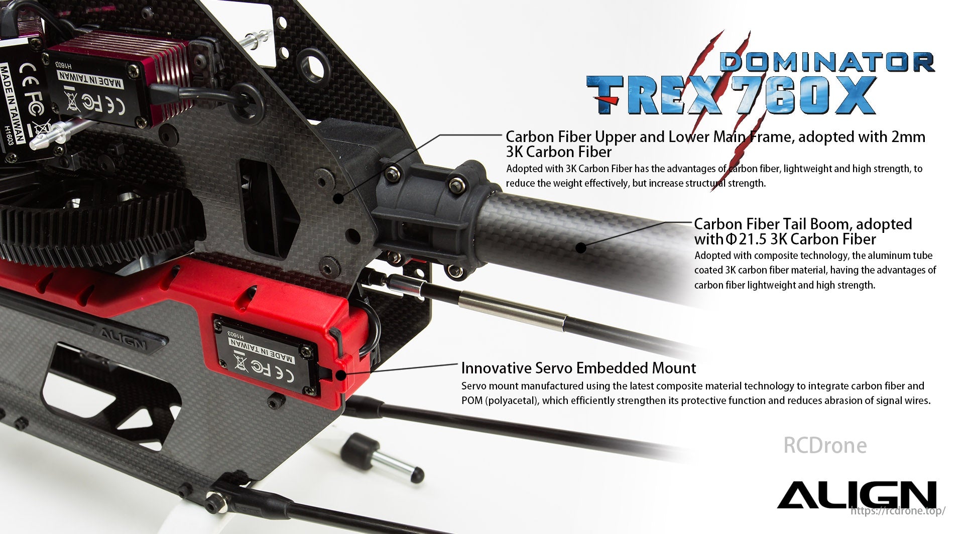 The Align T-Rex 760X Top Combo RC Helicopter features a DOMINATOR frame with lightweight and high-strength carbon fiber construction.