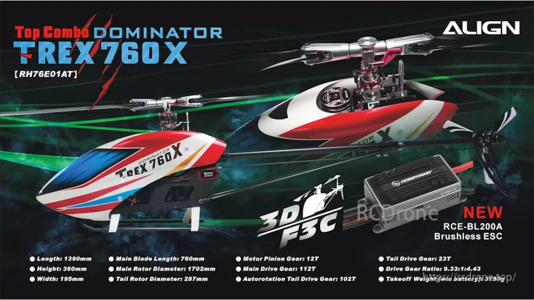 The Align T-REX 760X Top Combo RC Helicopter features brushless ESC, main blade length 760mm and other specifications.
